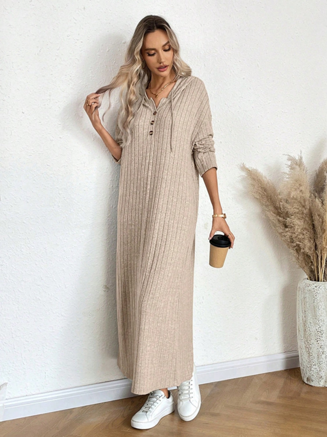 Koisoon Drawstring Long Sleeve Hooded Dress