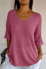 Koisoon V-Neck Three-Quarter Sleeve Knit Top