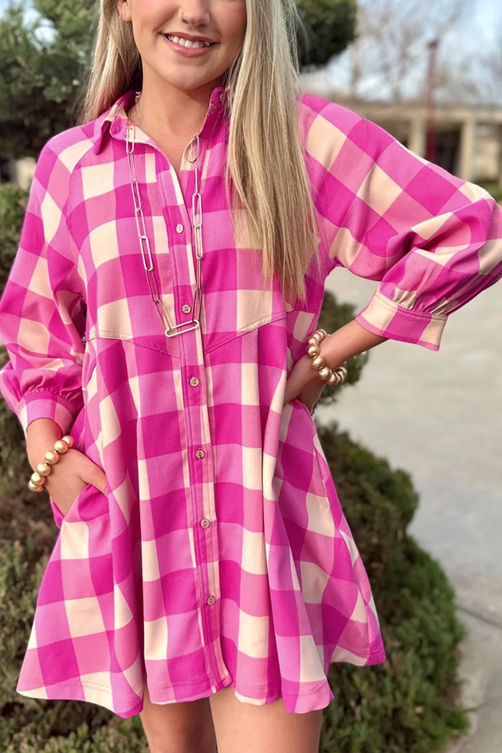 Koisoon Plaid Three-Quarter Sleeve Shirt Dress