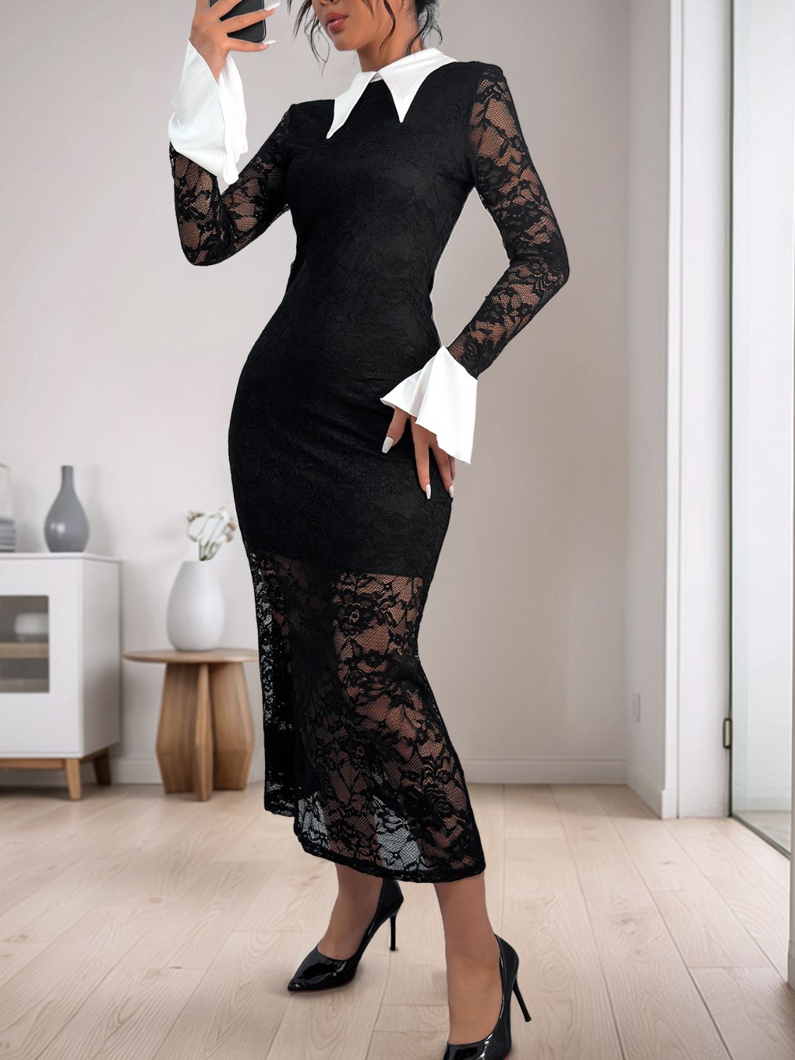 Koisoon  Lace Contrast Collared Neck Long Sleeve Midi Dress