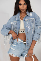 Koisoon Sequin Fringe Trim Distressed Button Up Denim Jacket