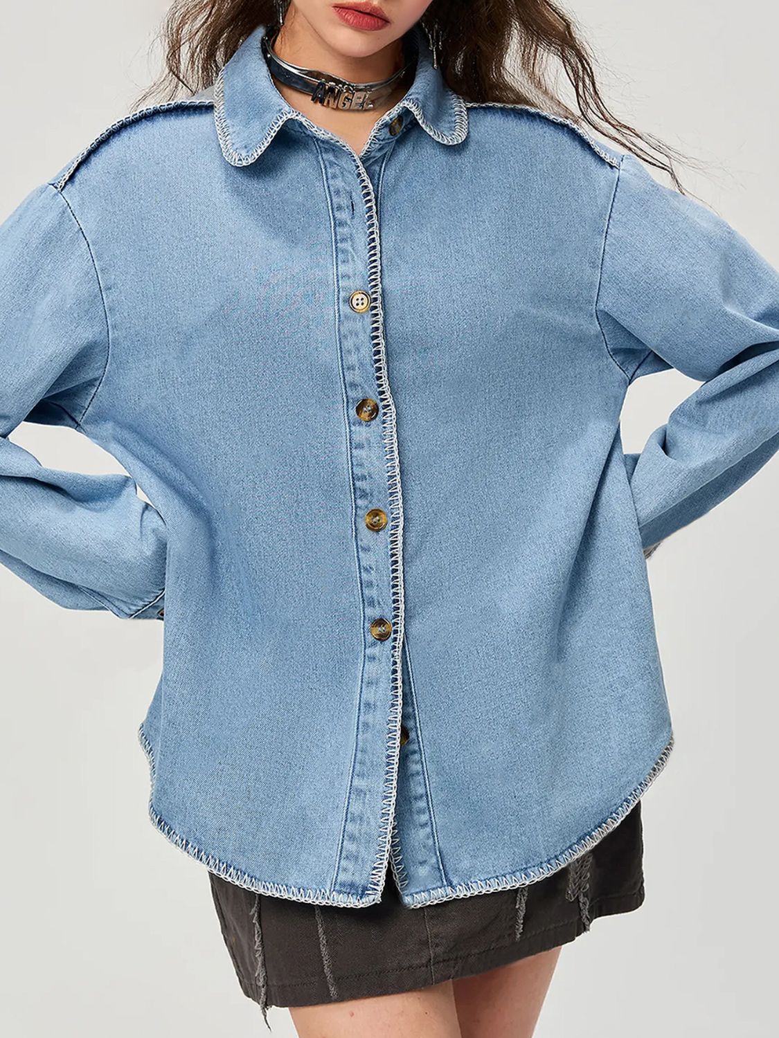 Koisoon Button Up Collared Neck Denim Top