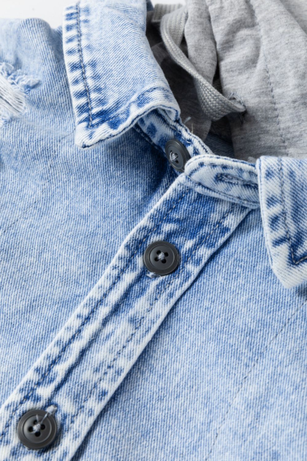 Koisoon Distressed Button Up Hooded Denim Jacket with Pockets