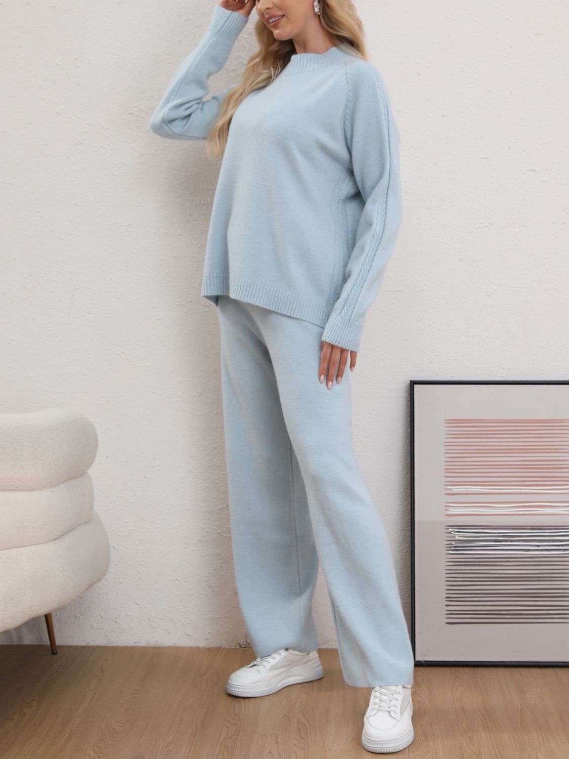 Koisoon Neck Long Sleeve Top and Pants Sweater Set