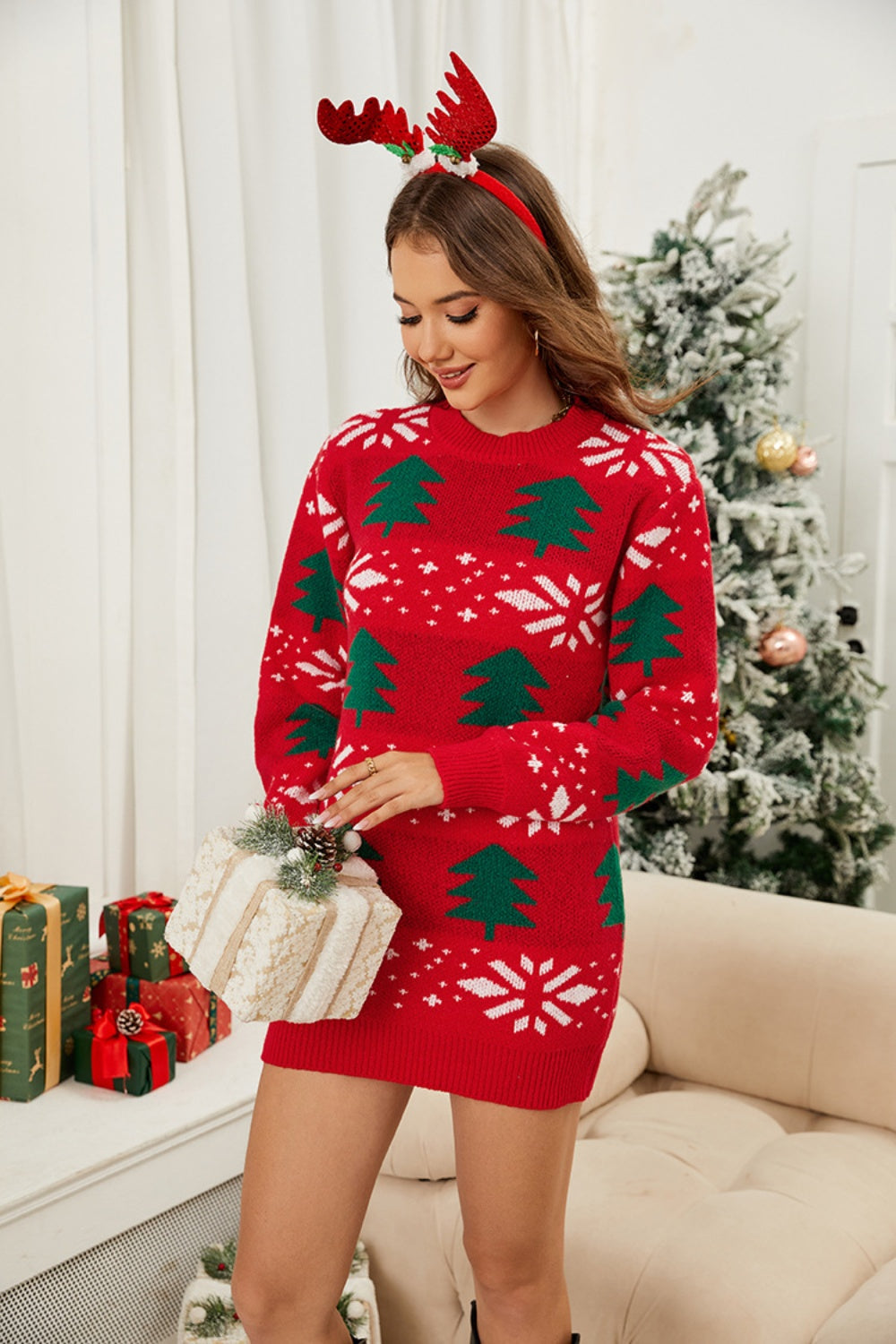 Koisoon Christmas Tree Round Neck Sweater Dress