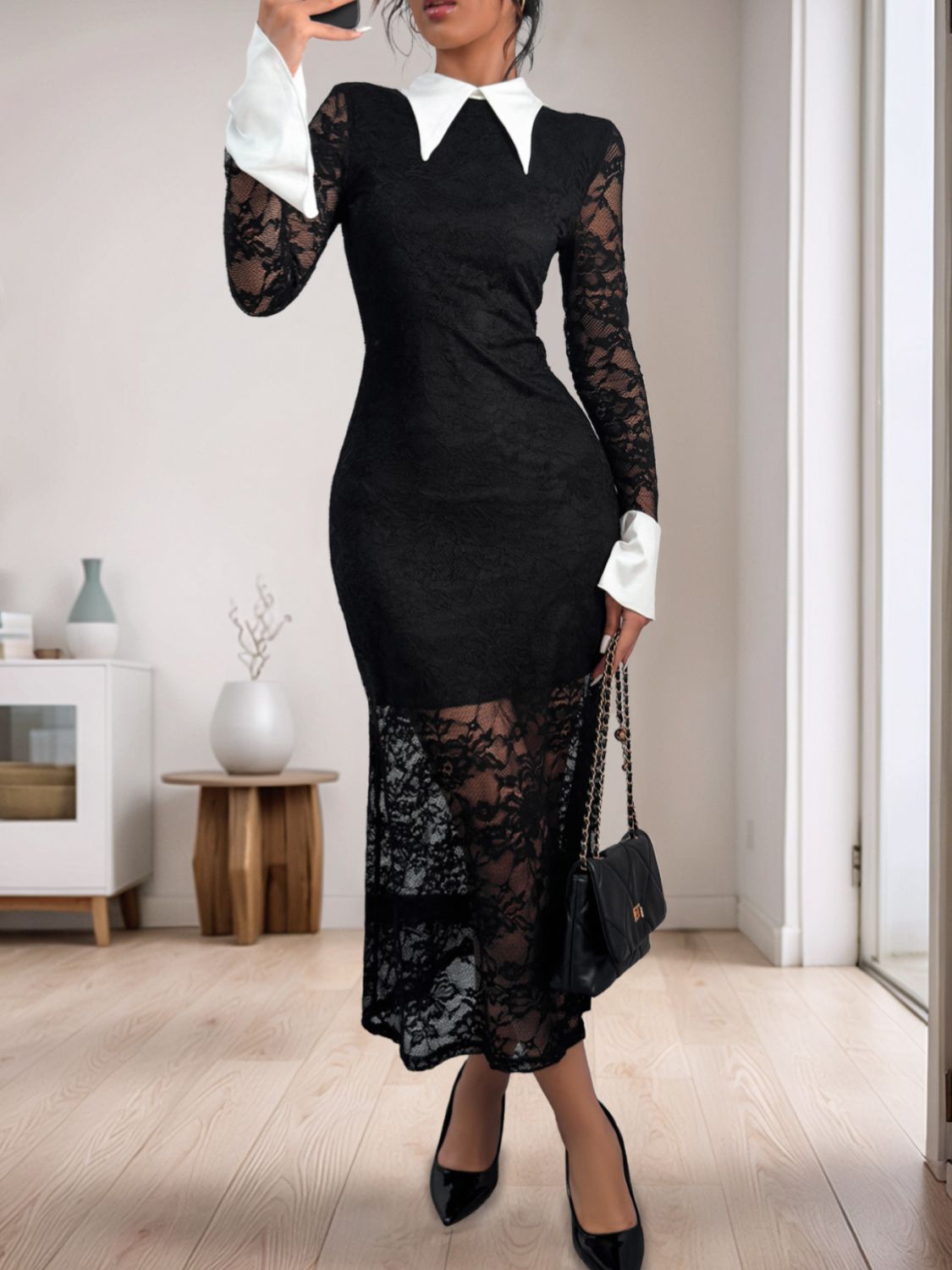 Koisoon  Lace Contrast Collared Neck Long Sleeve Midi Dress