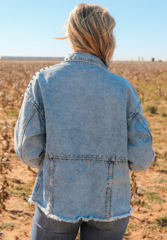 Koisoon Studded Acid Wash Long Sleeve Denim Jacket