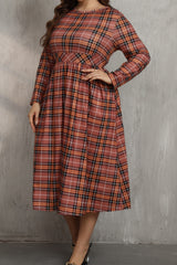 Koisoon Plus Size Plaid Round Neck Long Sleeve Midi Dress