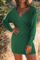 Koisoon Cable-Knit Surplice Lantern Sleeve Sweater Dress