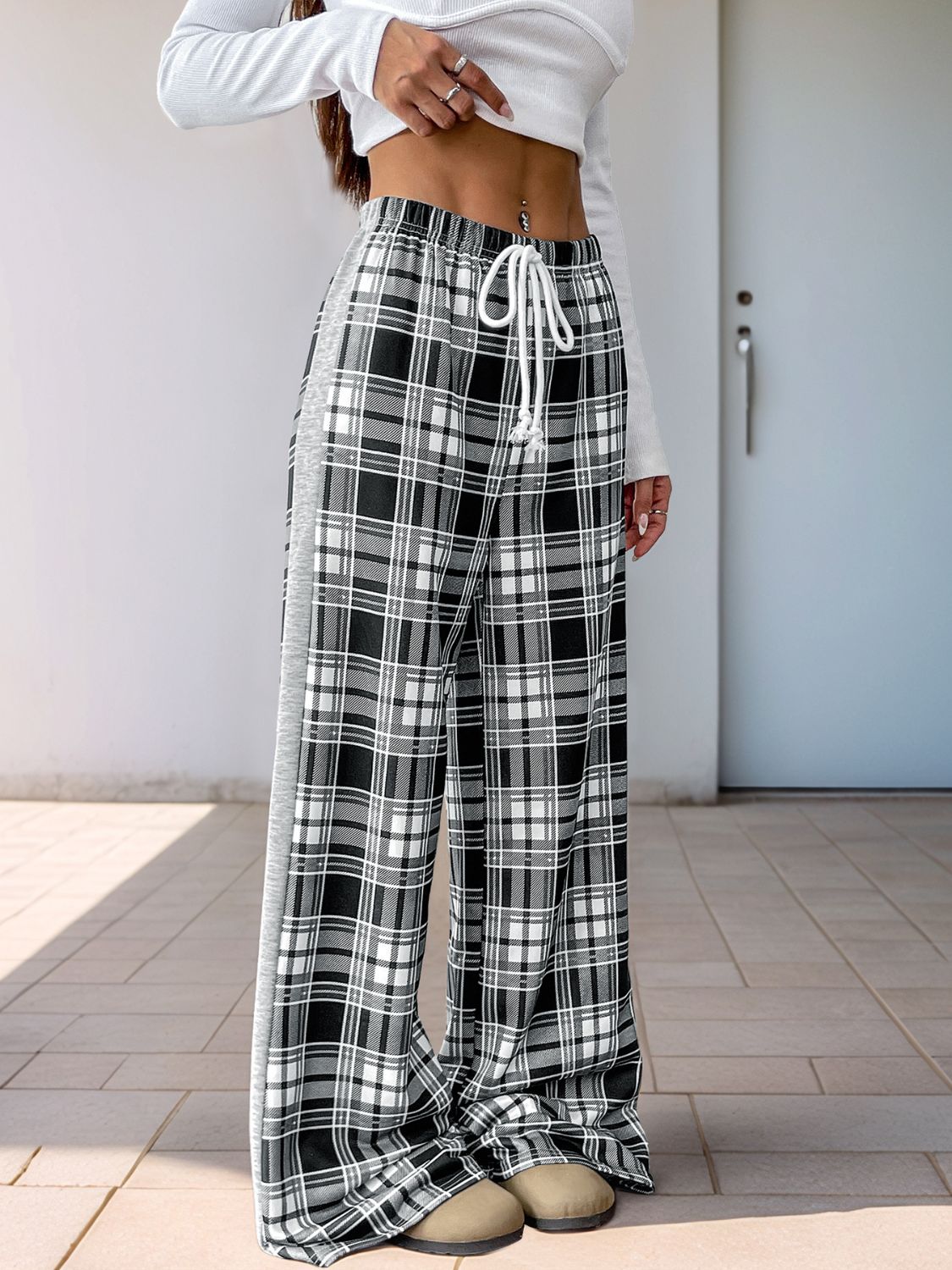 Koisoon  Drawstring Plaid Wide Leg Pants