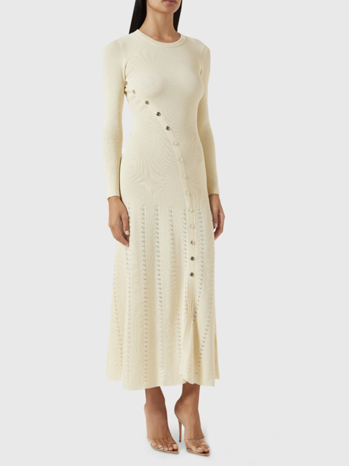 Koisoon Openwork Round Neck Long Sleeve Sweater Dress