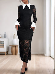 Koisoon  Lace Contrast Collared Neck Long Sleeve Midi Dress