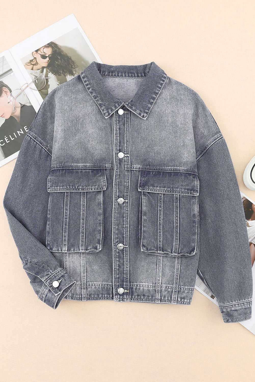 Koisoon Collared Neck Button Up Denim Jacket