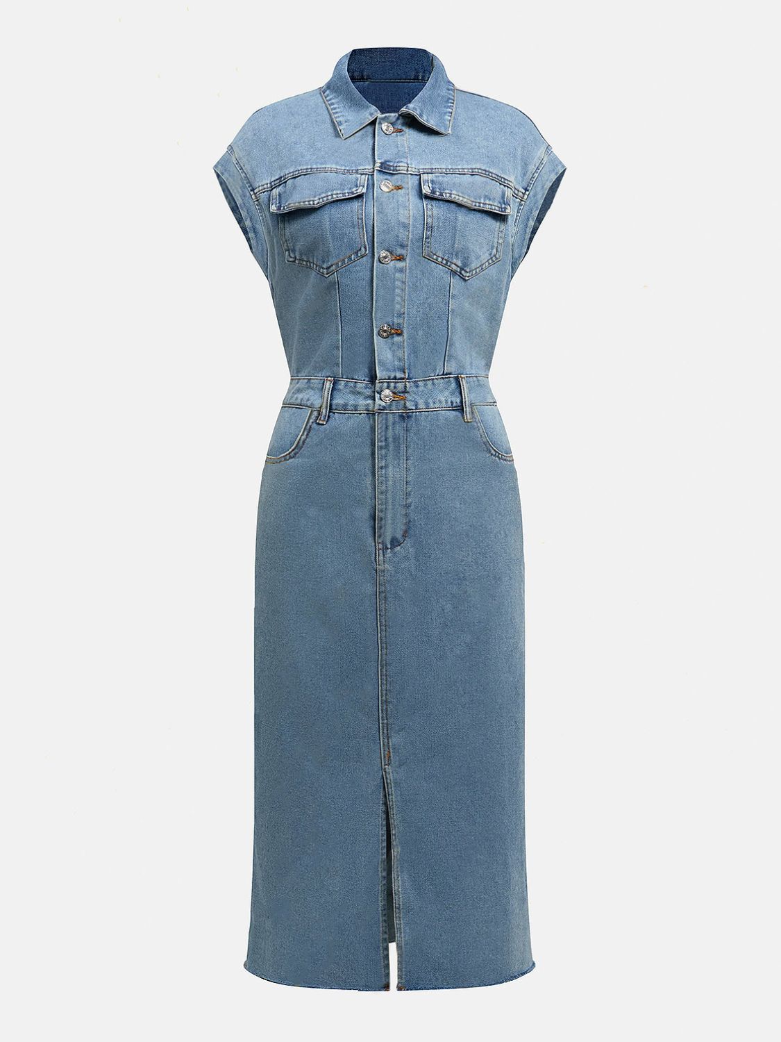 Koisoon Slit Half Button Collared Neck Cap Sleeve Denim Dress