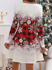 Koisoon Snowflakes Plaid Round Neck Long Sleeve Dress