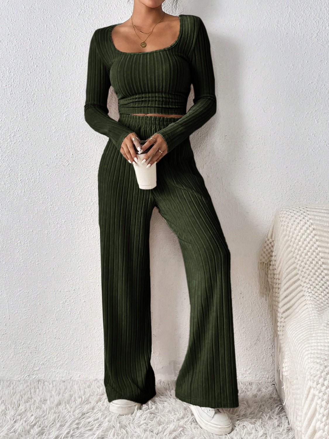 Koisoon Scoop Neck Long Sleeve Top and Pants Set