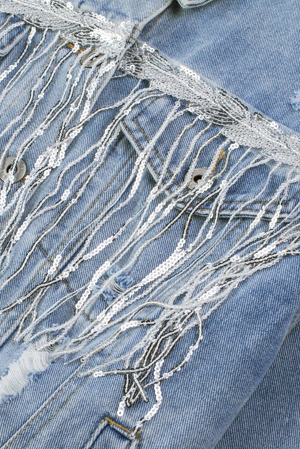 Koisoon Sequin Fringe Trim Distressed Button Up Denim Jacket