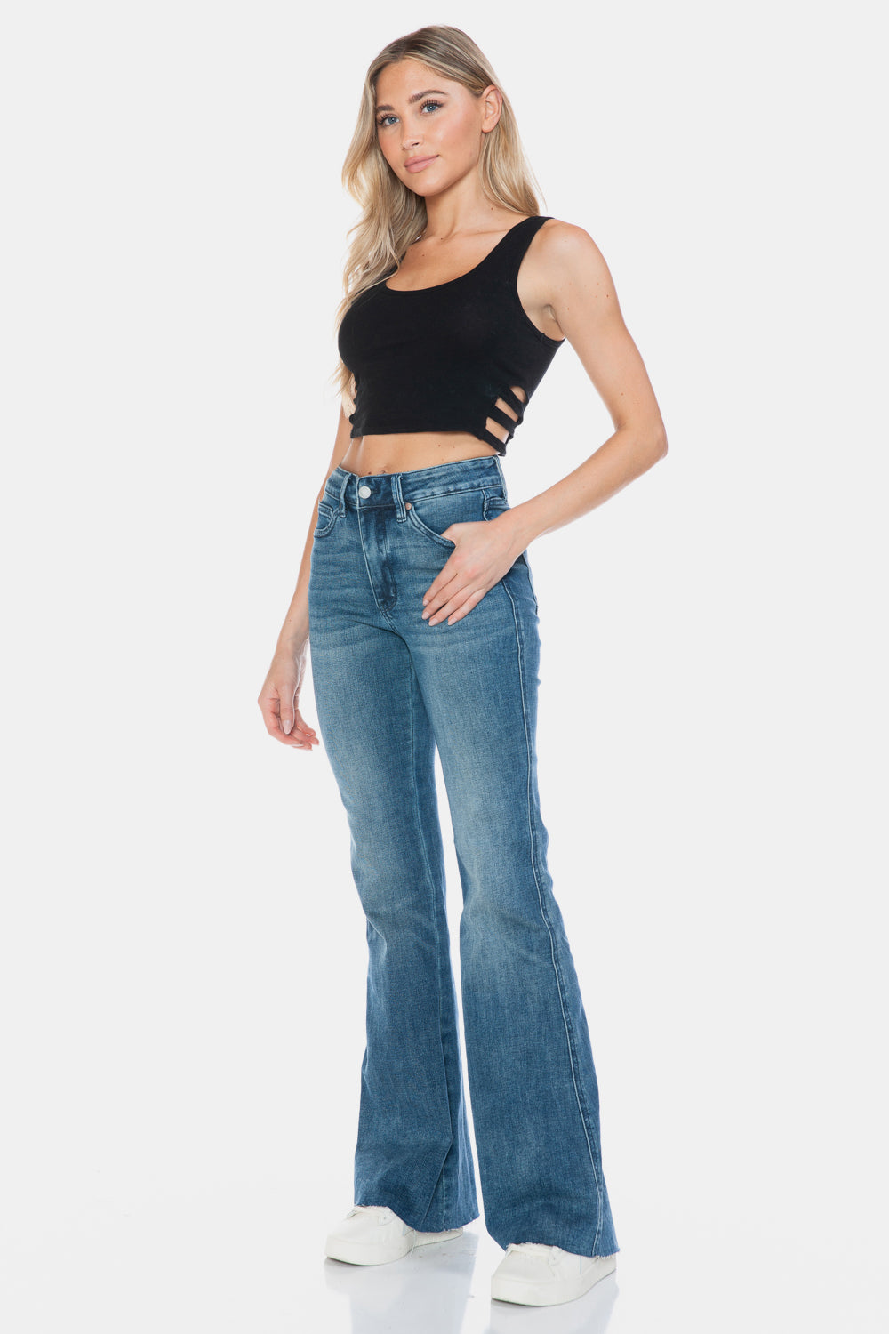 Koisoon Blue Full Size Tummy Control Cut Hem Flare Jeans