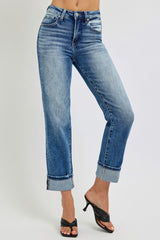 Koisoon Full Size High Rise Crop Straight Roll Up Jeans