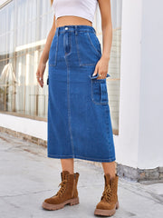 Koisoon Slit Midi Denim Skirt with Pockets