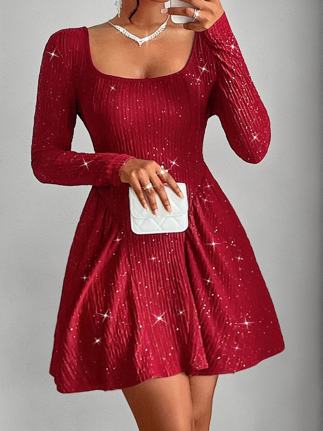 Koisoon Backless Glitter Square Neck Long Sleeve Mini Dress