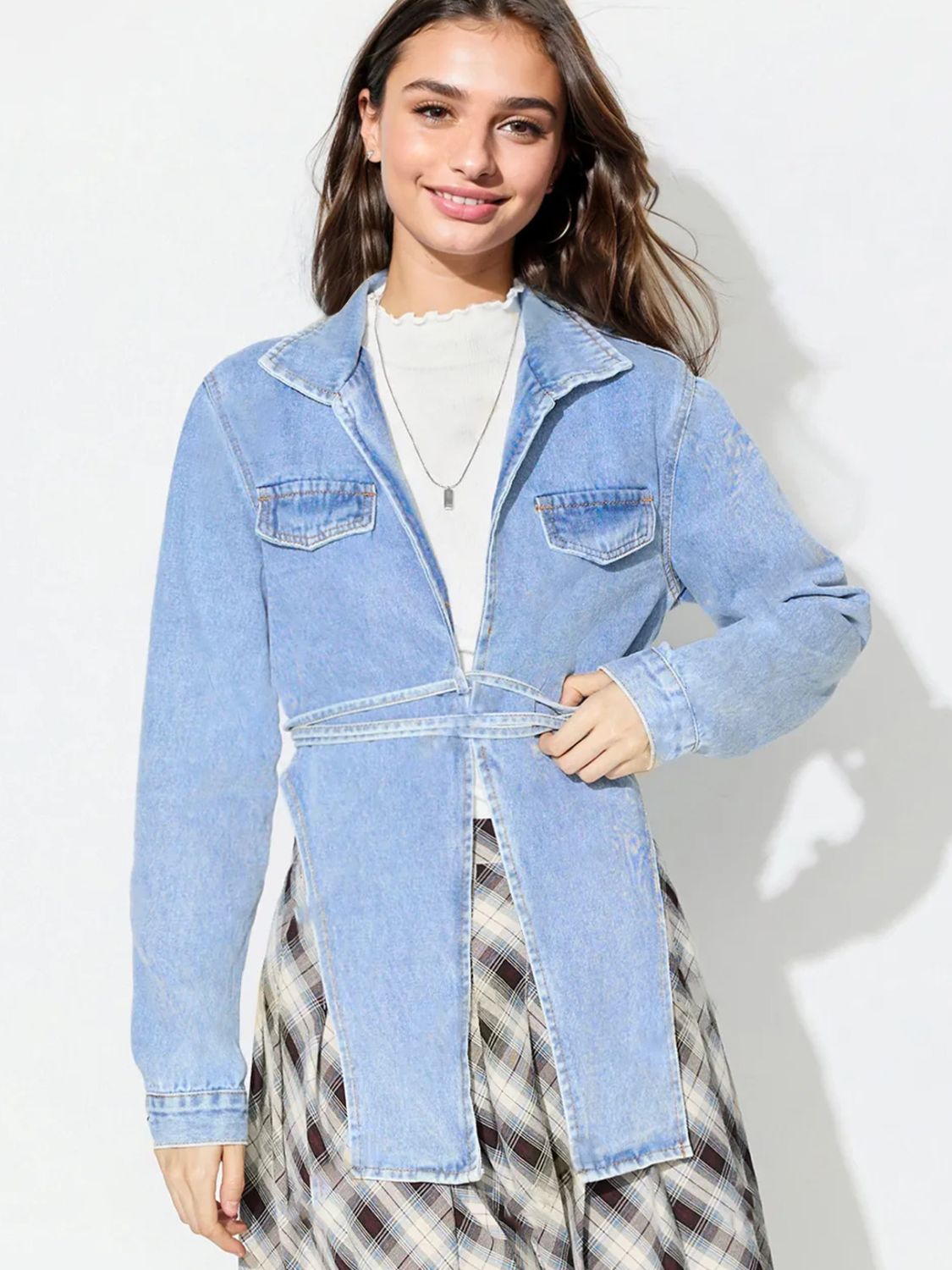 Koisoon Asymmetric Slit Collared Neck Long Denim Top