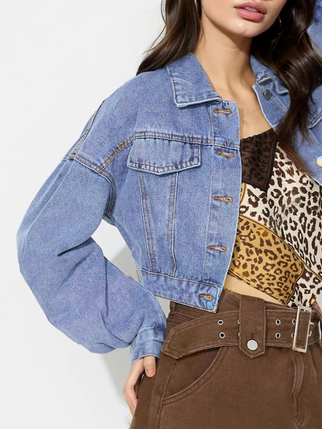 Koisoon Collared Neck Dropped Shoulder Cropped Denim Top