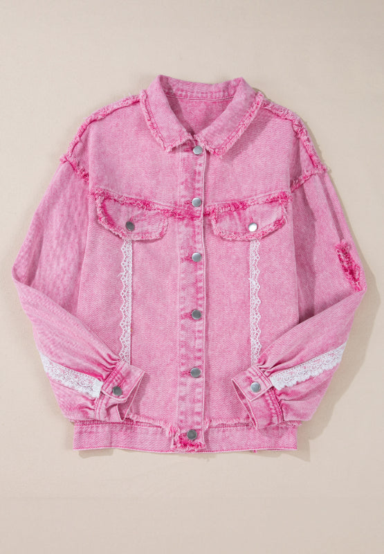 Koisoon Lace Detail Distressed Button Up Denim Jacket