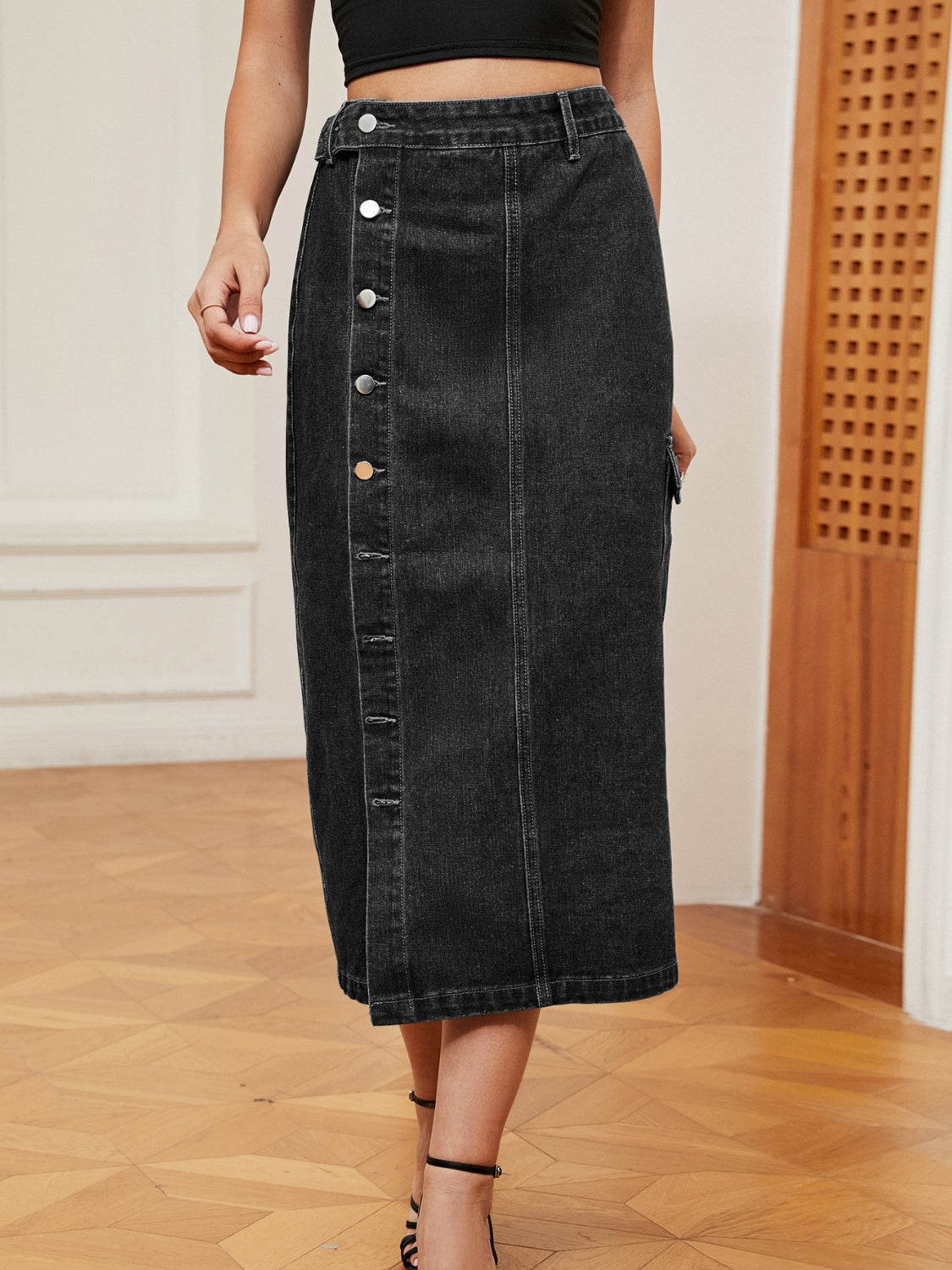 Koisoon Button Down Midi Denim Skirt