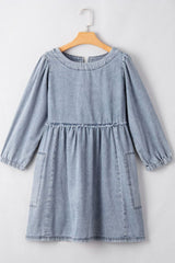 Koisoon Round Neck Balloon Sleeve Denim Dress