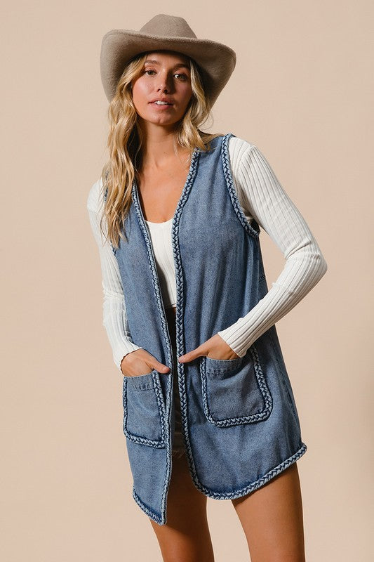 Koisoon Braided Trim Open Front Denim Vest with Pockets