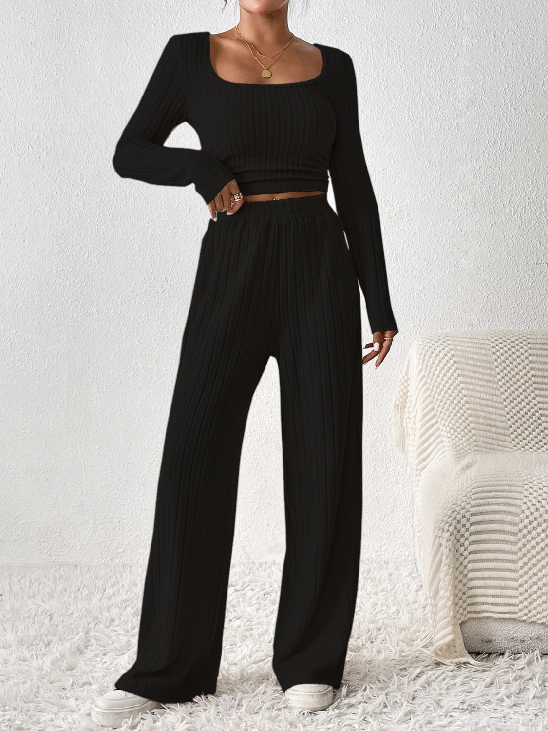 Koisoon Scoop Neck Long Sleeve Top and Pants Set