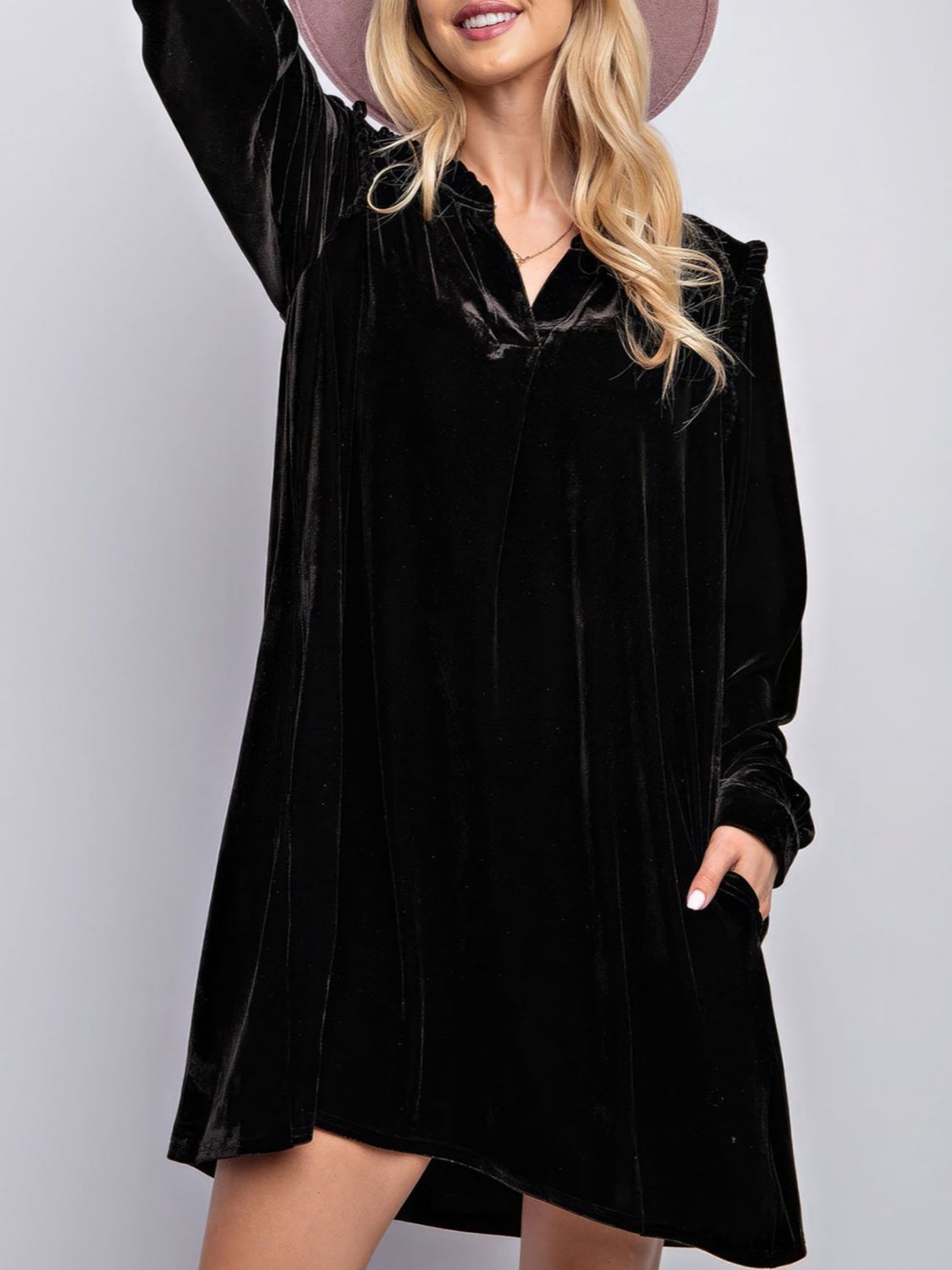 Koisoon Notched Long Sleeve Dress with Pockets