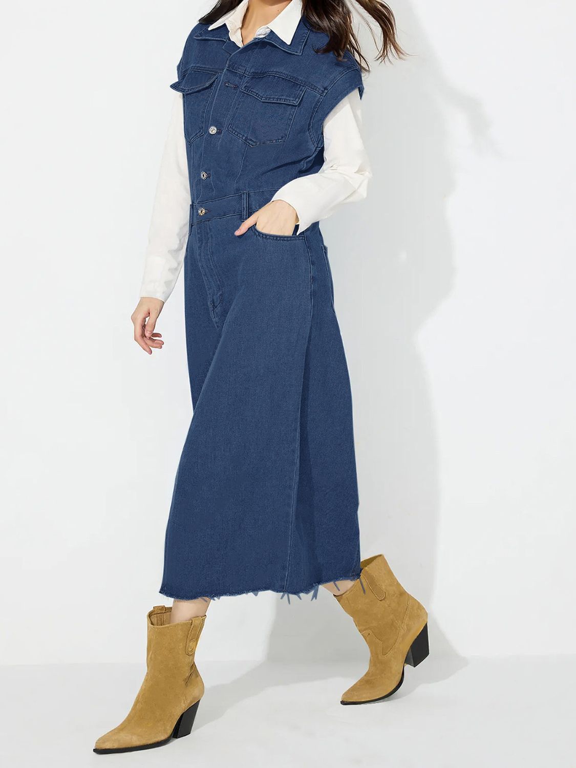 Koisoon Slit Half Button Collared Neck Cap Sleeve Denim Dress