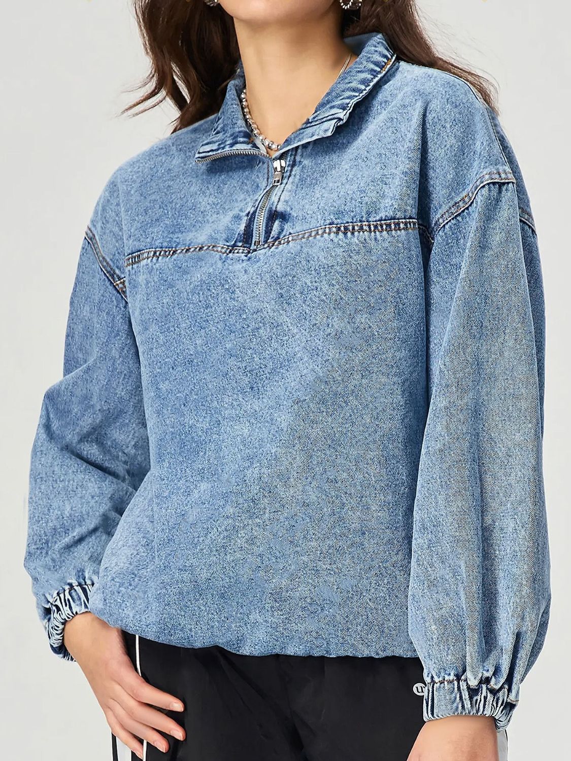 Koisoon Quarter Zip Collared Neck Denim Top