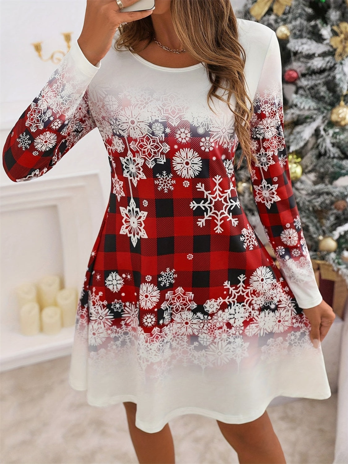 Koisoon Snowflakes Plaid Round Neck Long Sleeve Dress