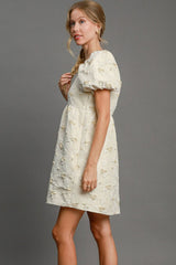 Koisoon Heart Jacquard Square Neck Puff Sleeve Mini Dress