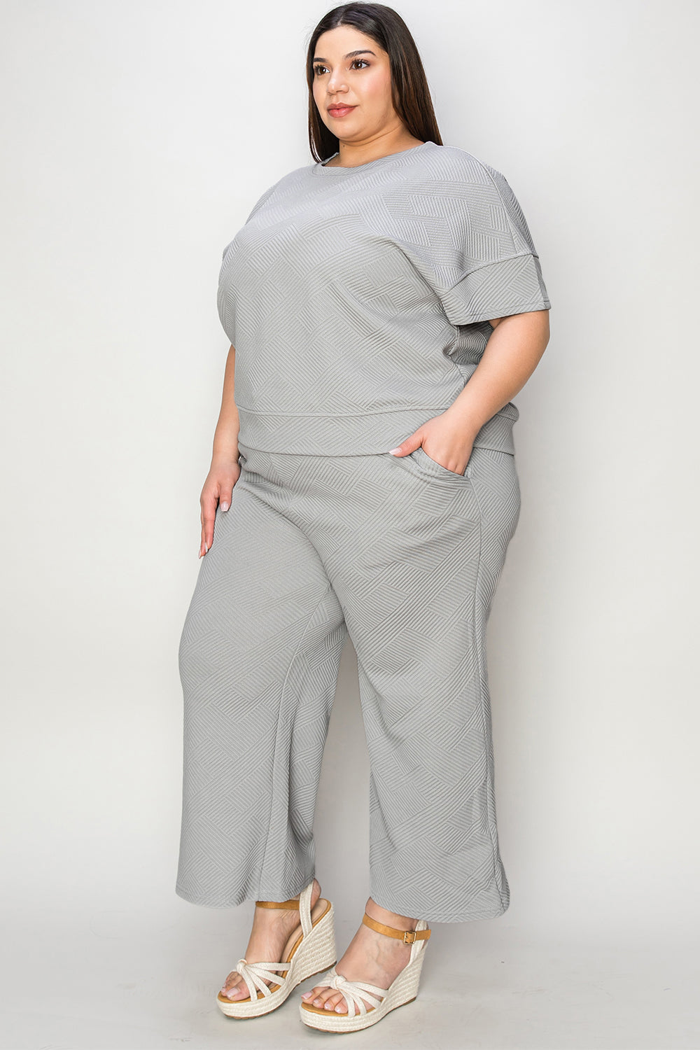 Koisoon Full Size Texture Short Sleeve Top and Pants Set