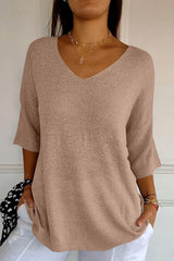 Koisoon V-Neck Three-Quarter Sleeve Knit Top