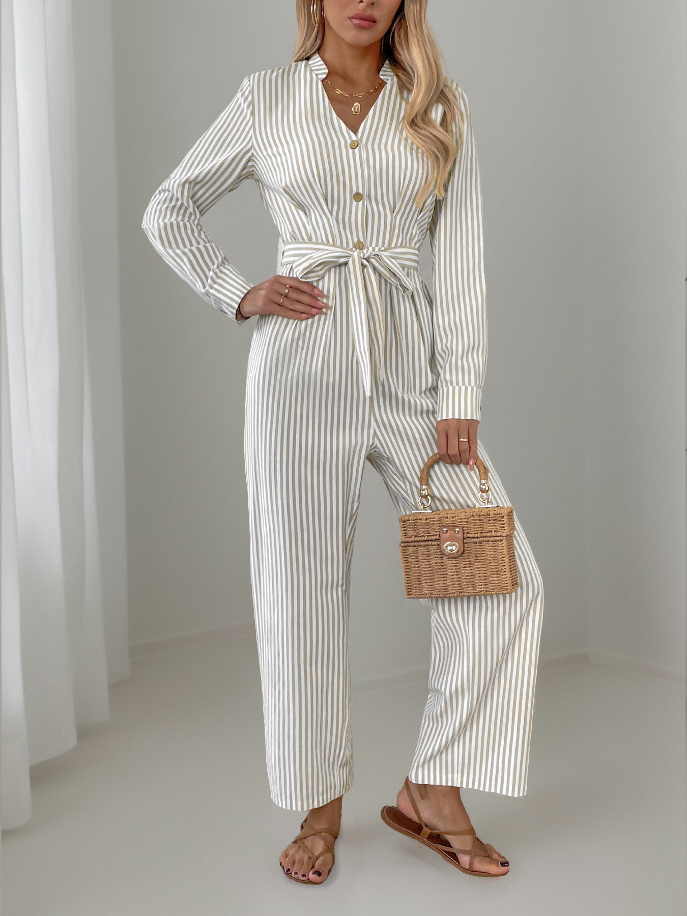 Koisoon Striped Notched Long Sleeve Tie Waist Jumpsuit