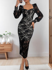 Koisoon Lace Sweetheart Neck Long Sleeve Midi Dress