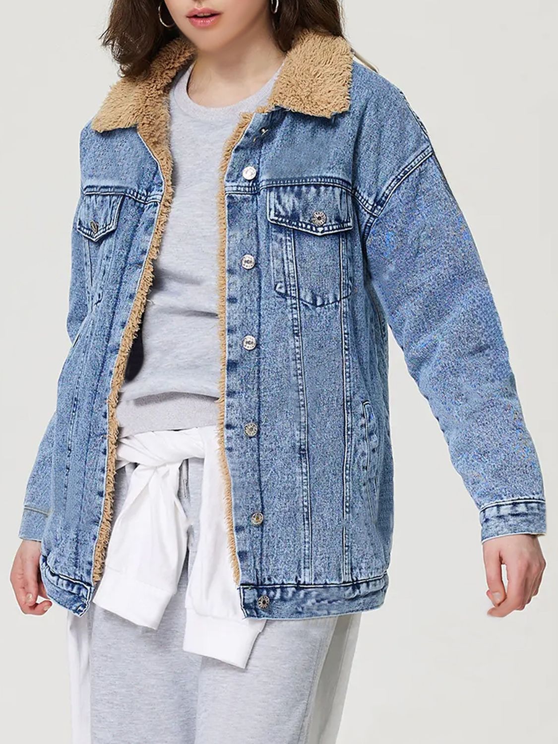 Koisoon Button Up Collared Neck Plush Denim Jacket