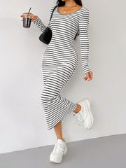 Koisoon Striped Scoop Neck Long Sleeve Midi Tee Dress