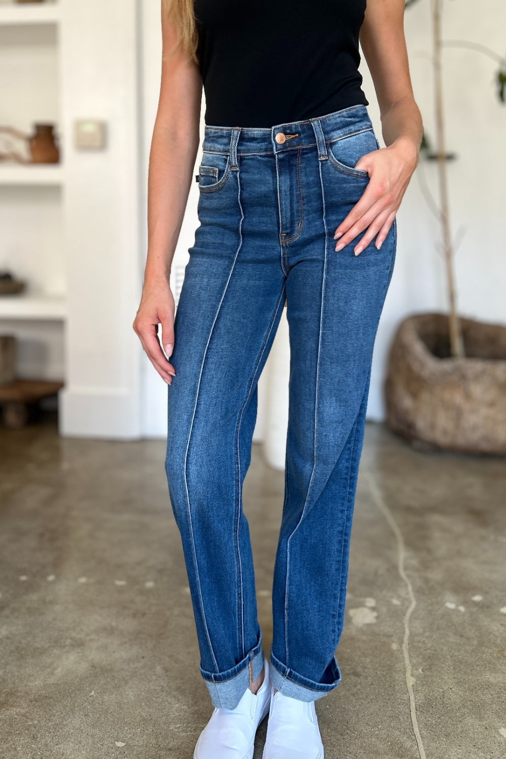 Koisoon Blue Full Size High Waist Front Seam Detail Straight Jeans