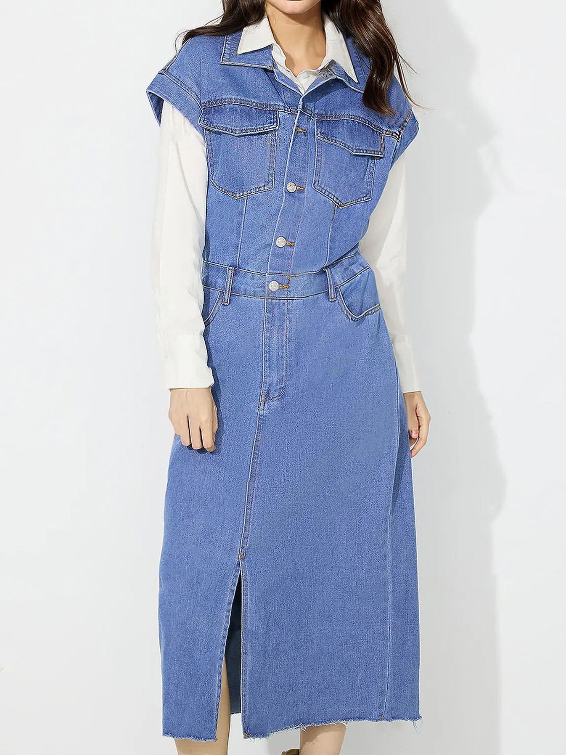 Koisoon Slit Half Button Collared Neck Cap Sleeve Denim Dress