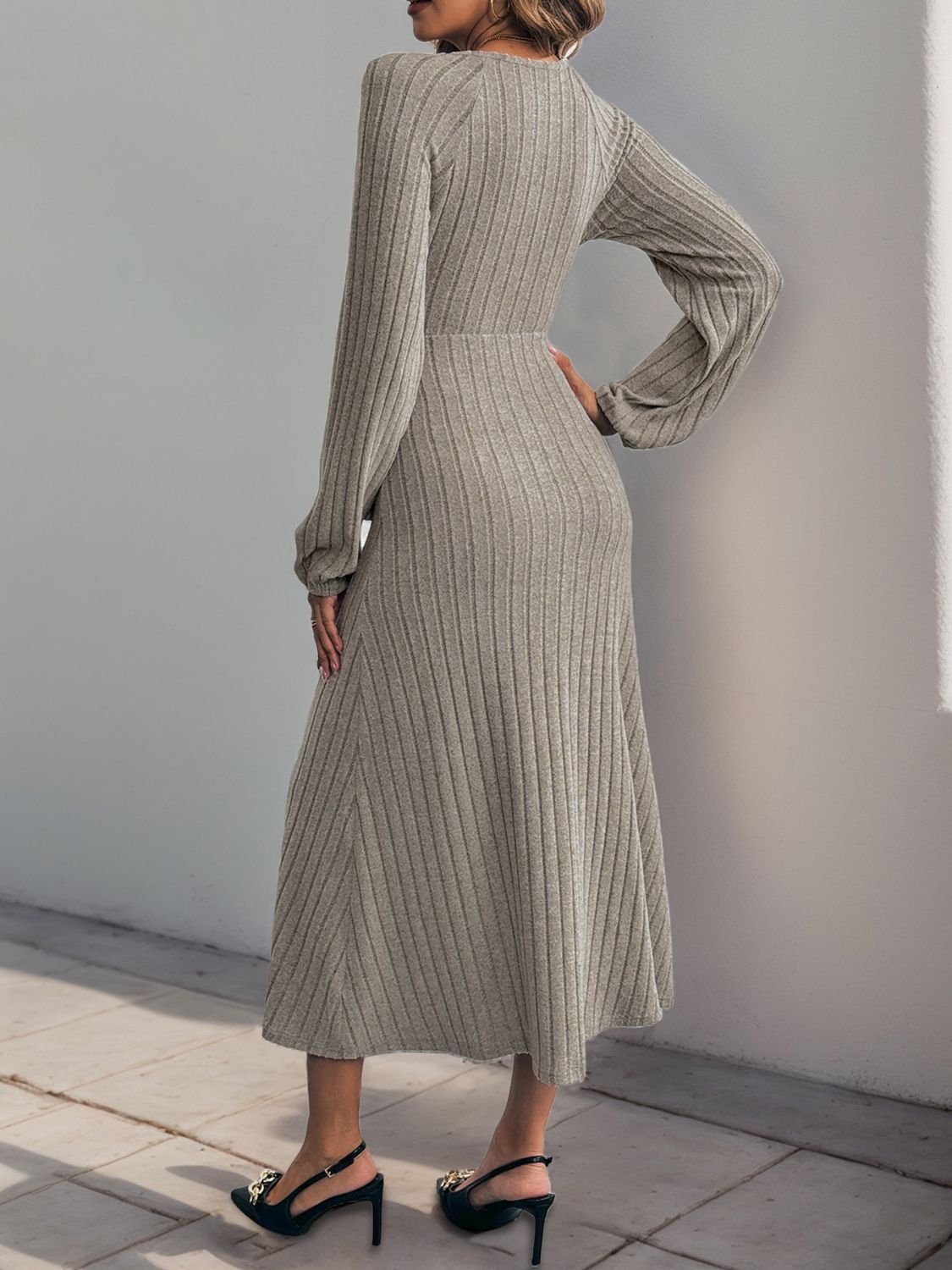 Koisoon Ribbed Tied Surplice Long Sleeve Dress