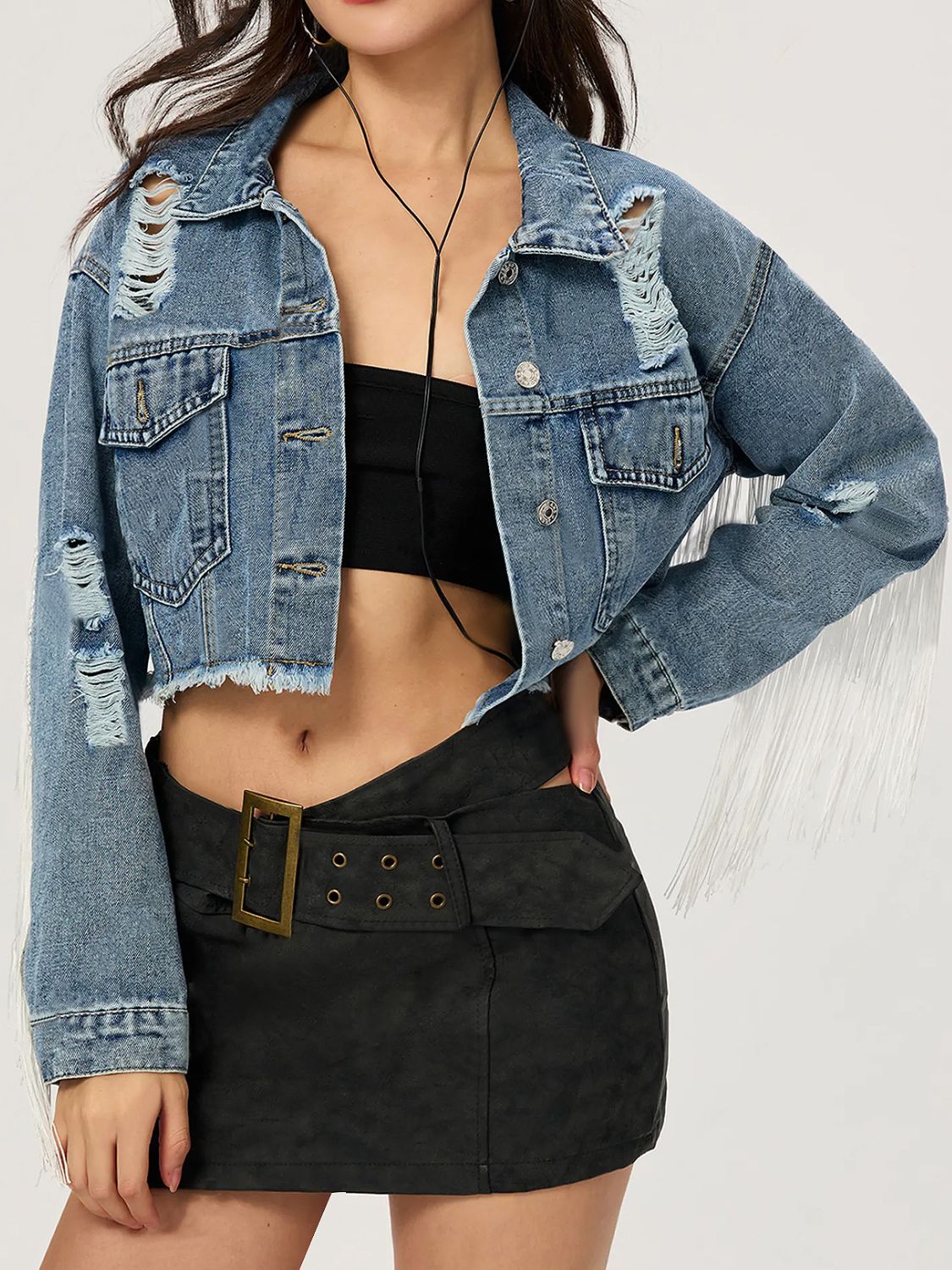 Koisoon Distressed Fringe Collared Neck Cropped Denim Top