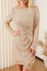 Koisoon Sequin Knot Round Neck Long Sleeve Mini Dress