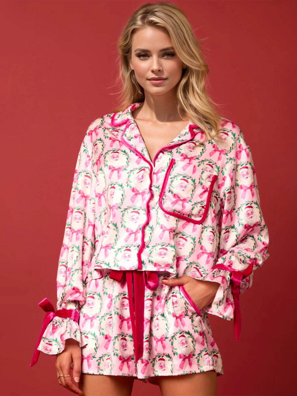 Koisoon Tied Printed Collared Neck Long Sleeve Top and Shorts Set