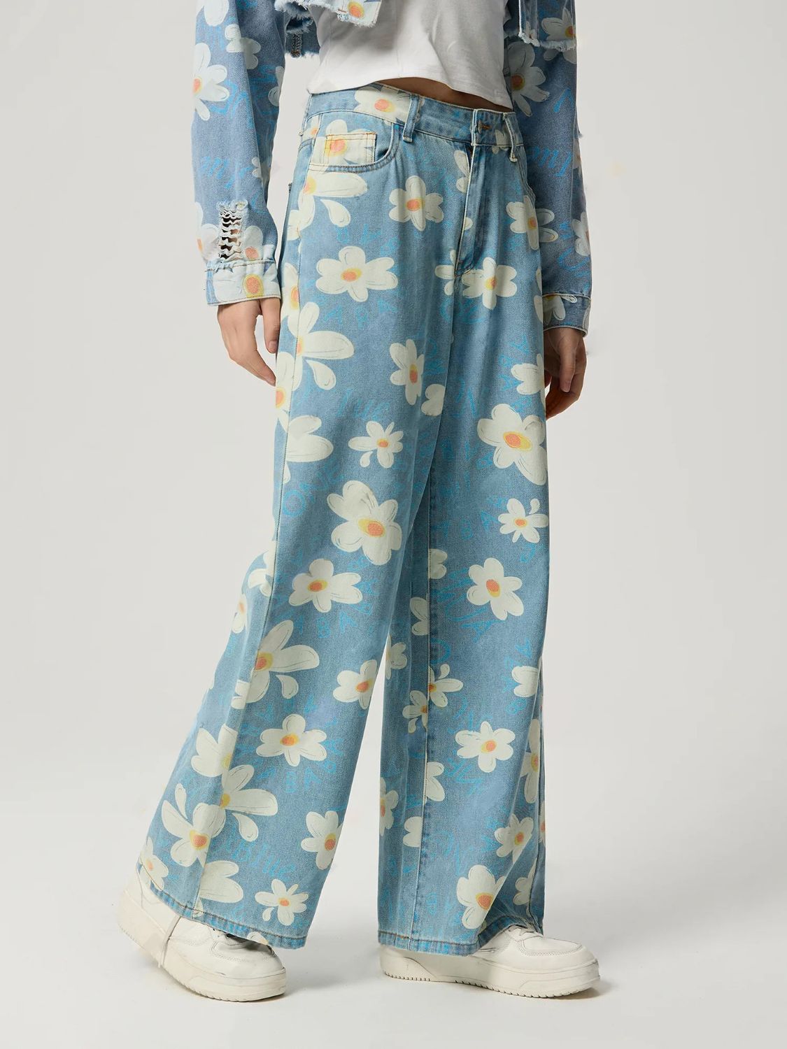 Koisoon Pocketed Floral Wide Leg Jeans